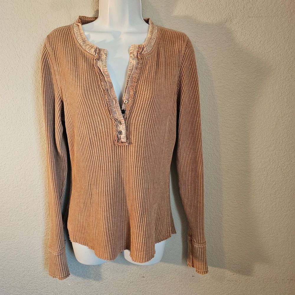BKE women medium waffle henley beige‎ y2k casual sporty